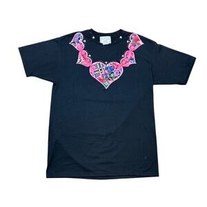 Vintage Custom 90s patchwork embroidered heart t-shirt embellished L whimsigoth